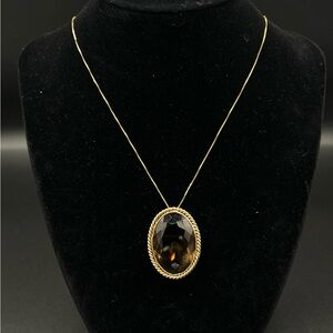 Elegant 14K Gold Smokey Quartz Vintage Brooch/Pendant and 14K necklace.